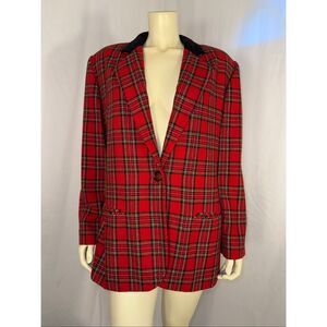 Vintage Sag Harbor Red Plaid Wool Blend Blazer with Black Velvet Collar – Size 1